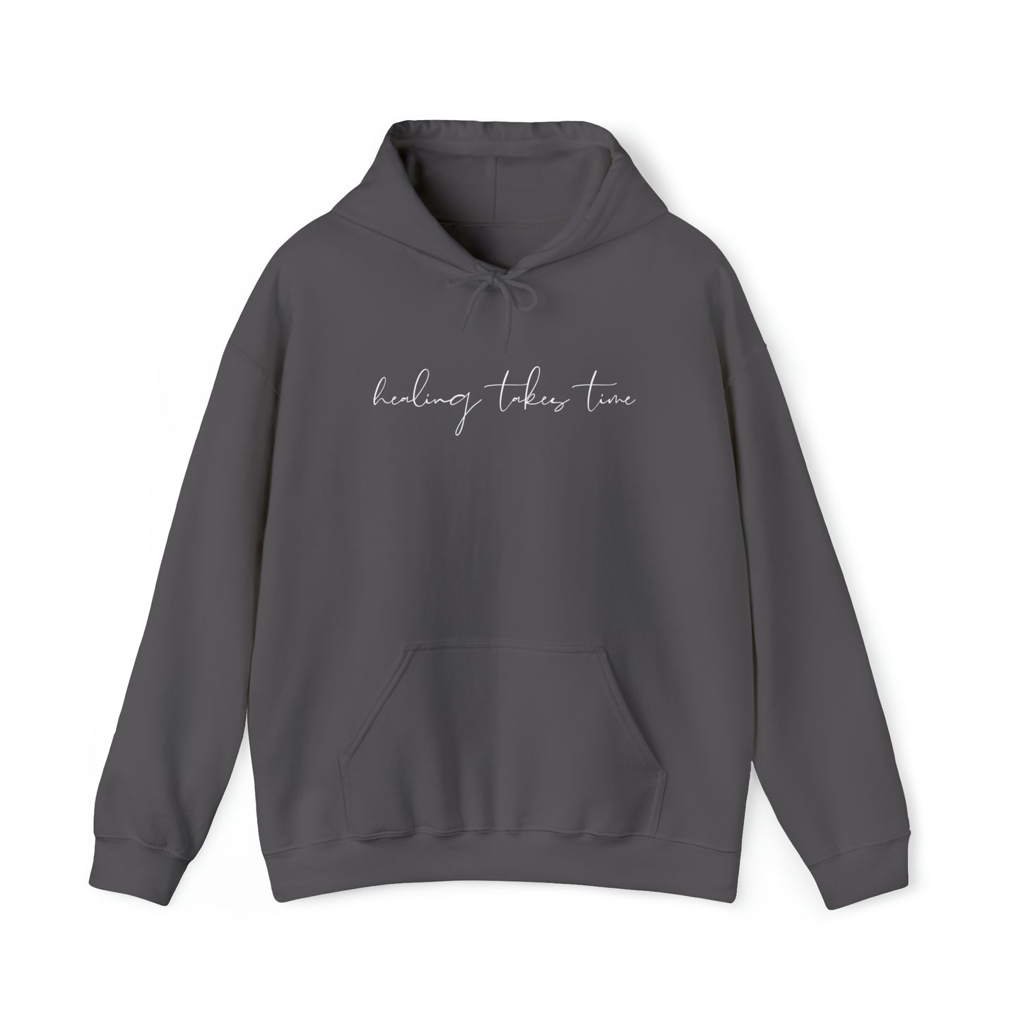 Charcoal "healing takes time" hooded sweatshirt