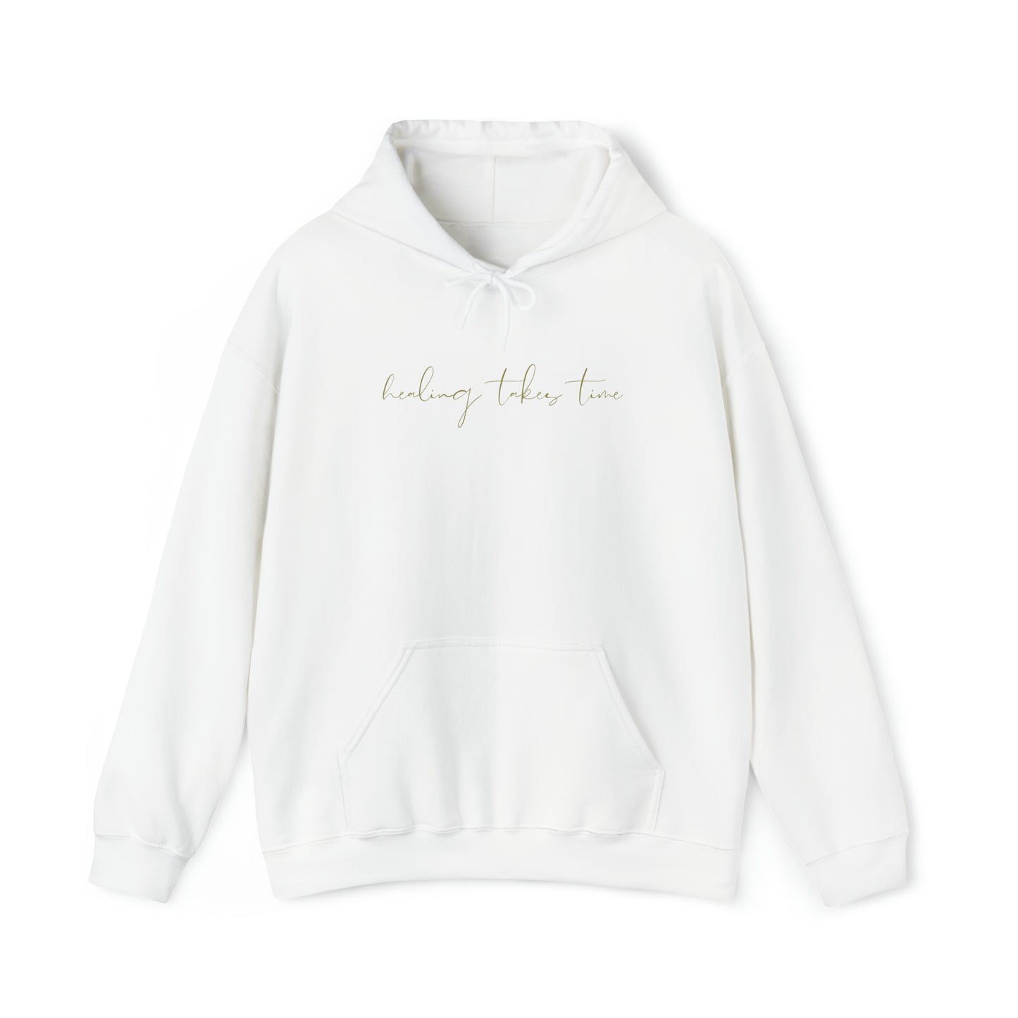 White "healing takes time" hooded sweatshirt