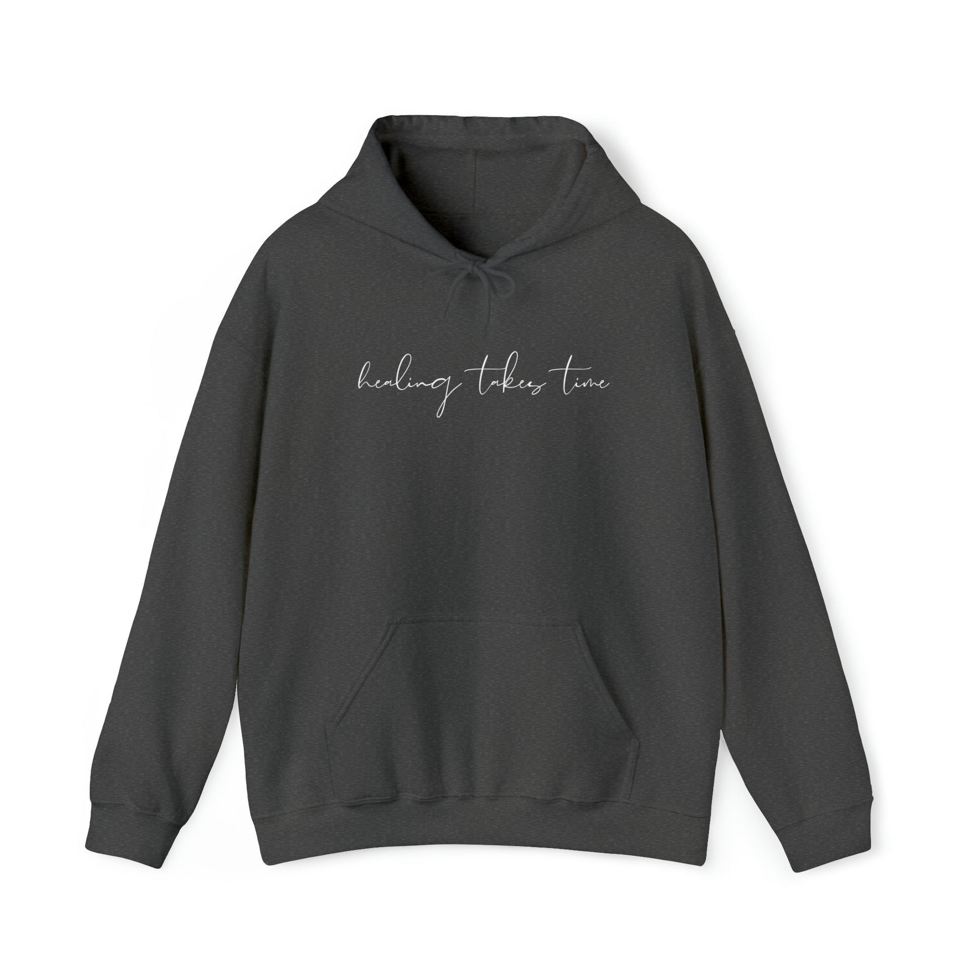 Dark heather "healing takes time" hooded sweatshirt