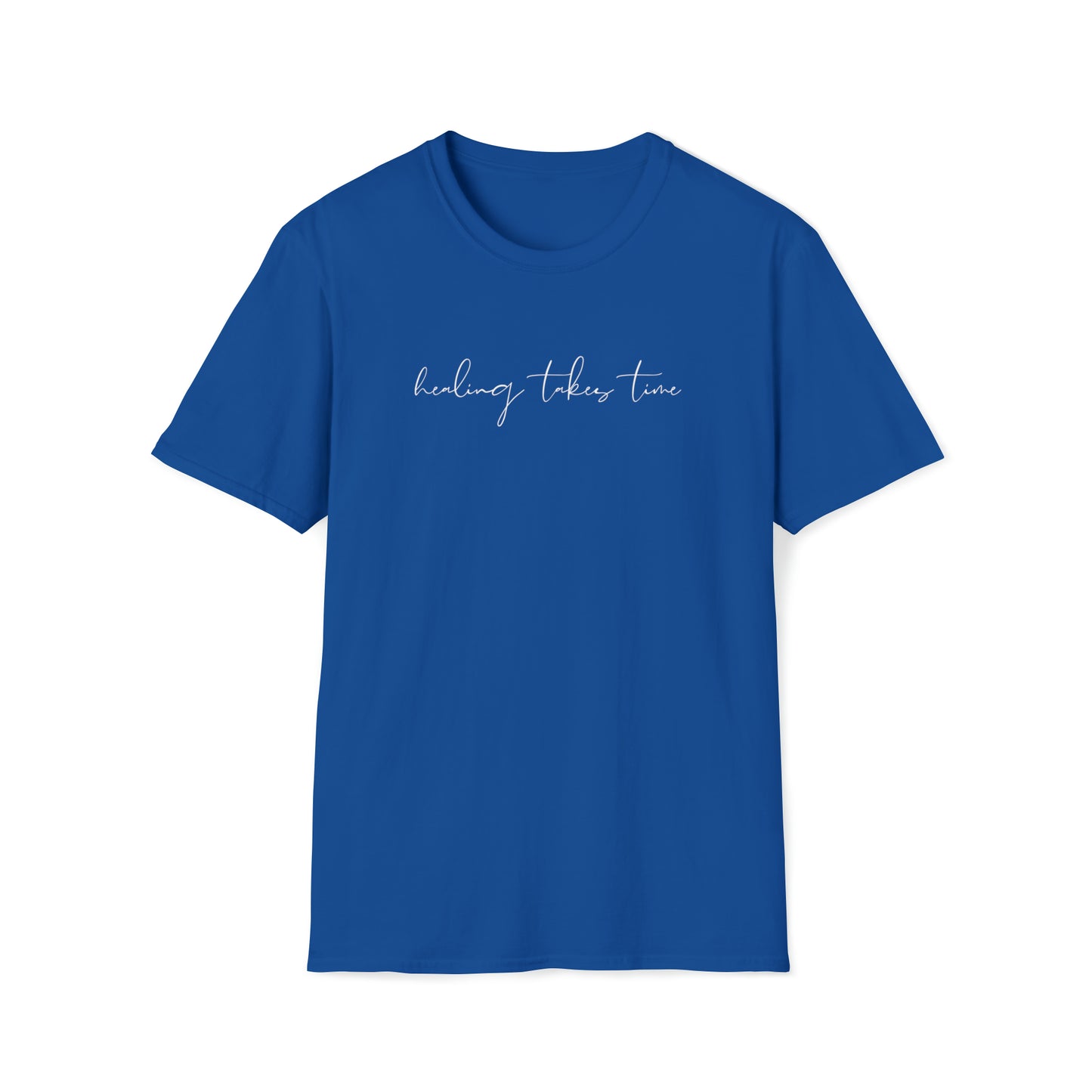 front print "healing takes time" royal blue