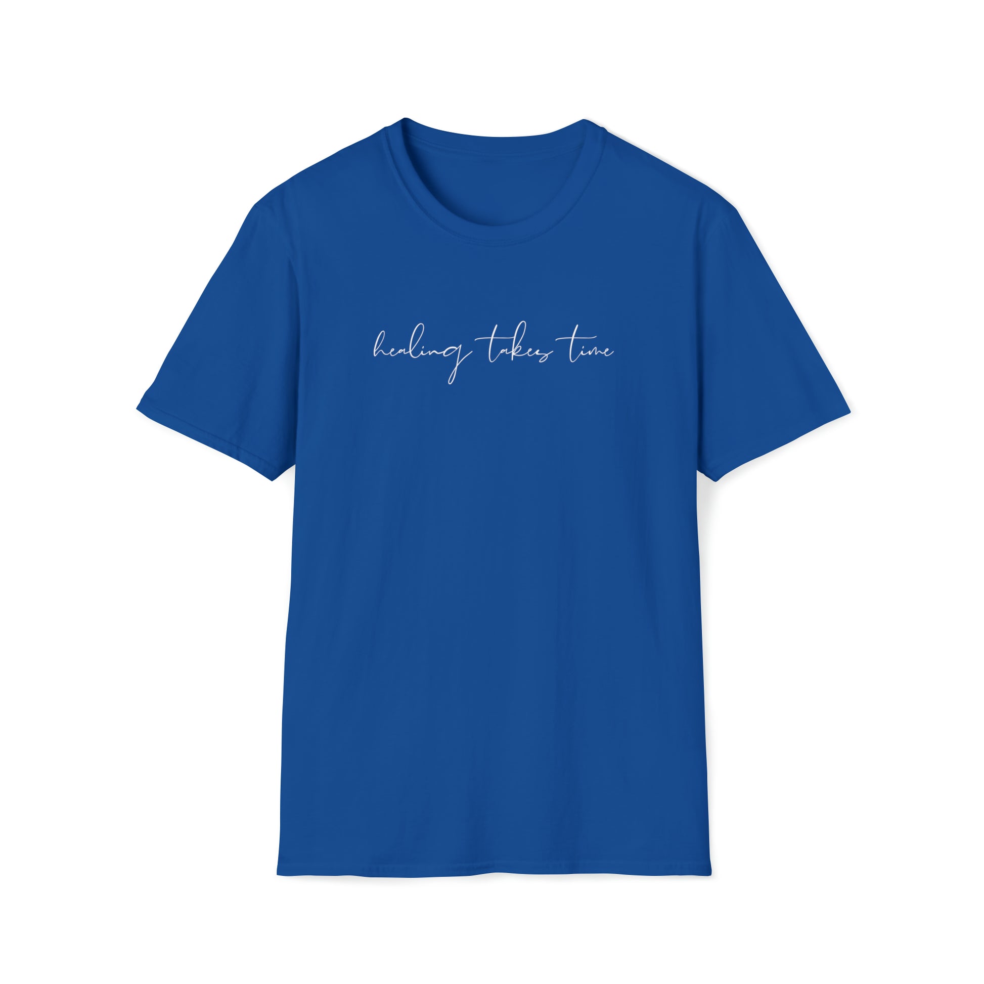 front print "healing takes time" royal blue