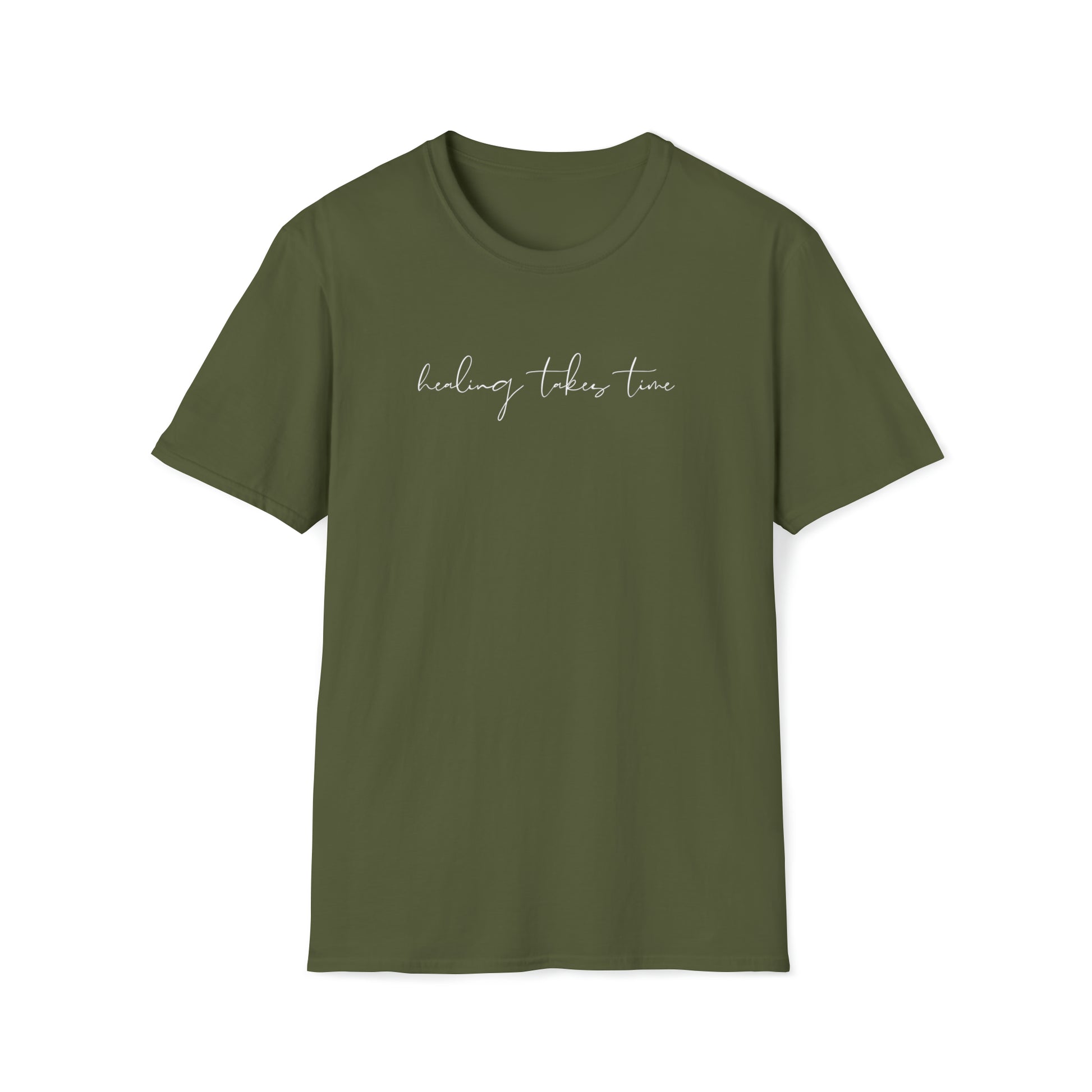 Front print "healing takes time" military green