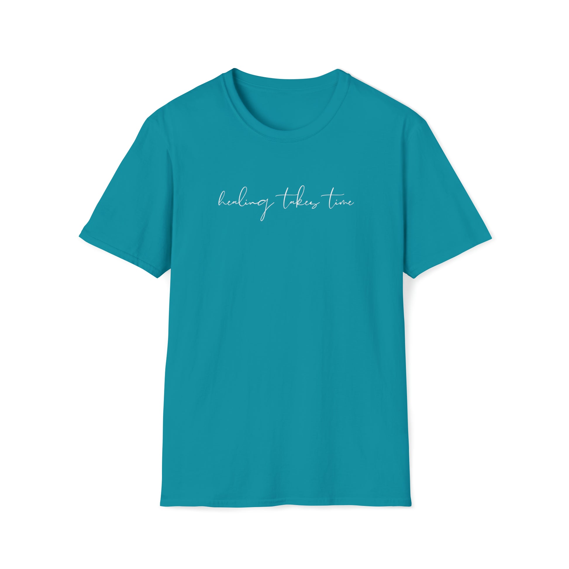 front print "healing takes time" tropical blue